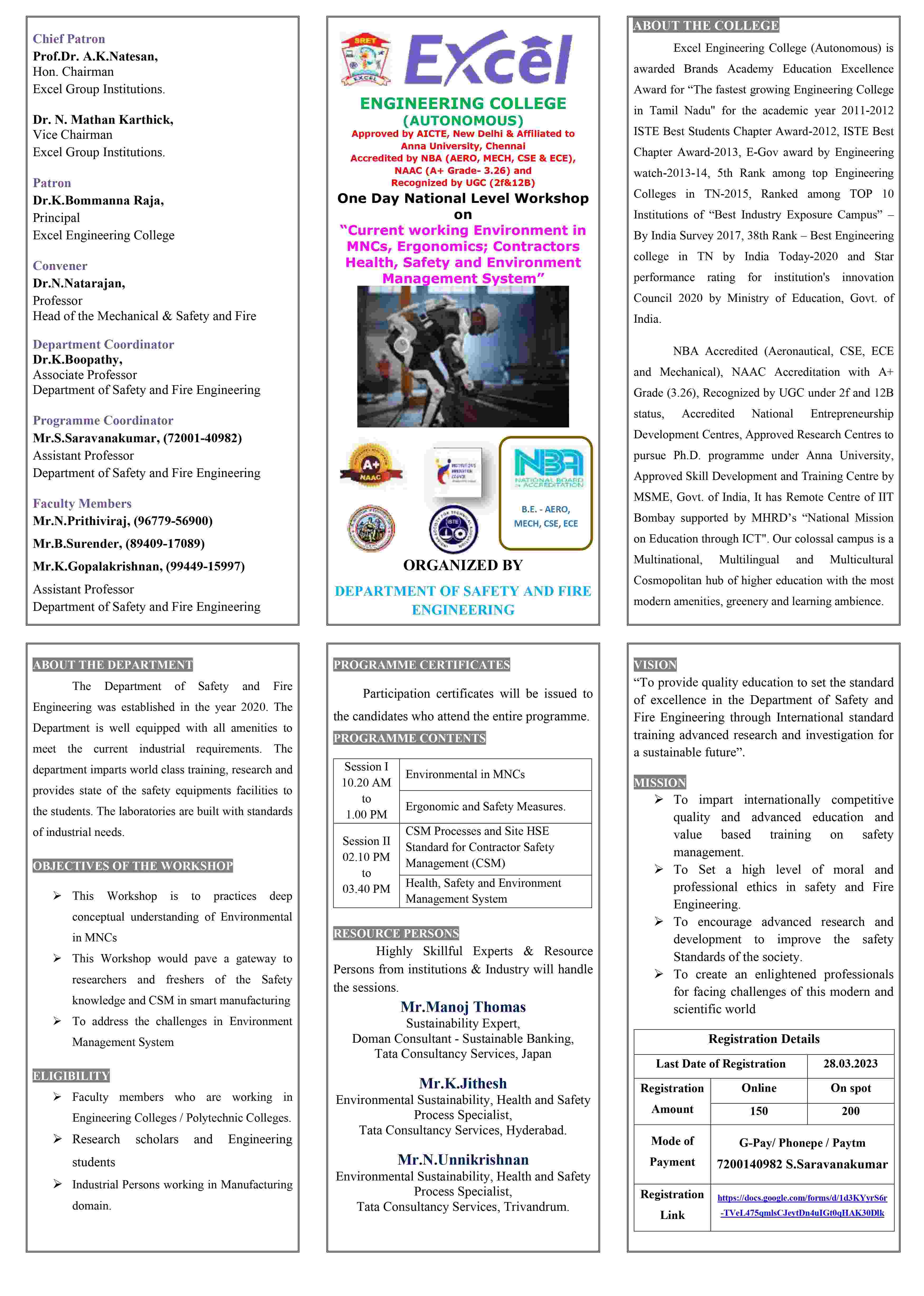 National Level Workshop on Current Working Environment in Mnc's, Ergonomics; Contractors Health, Safety and Environment Management Systems 2023